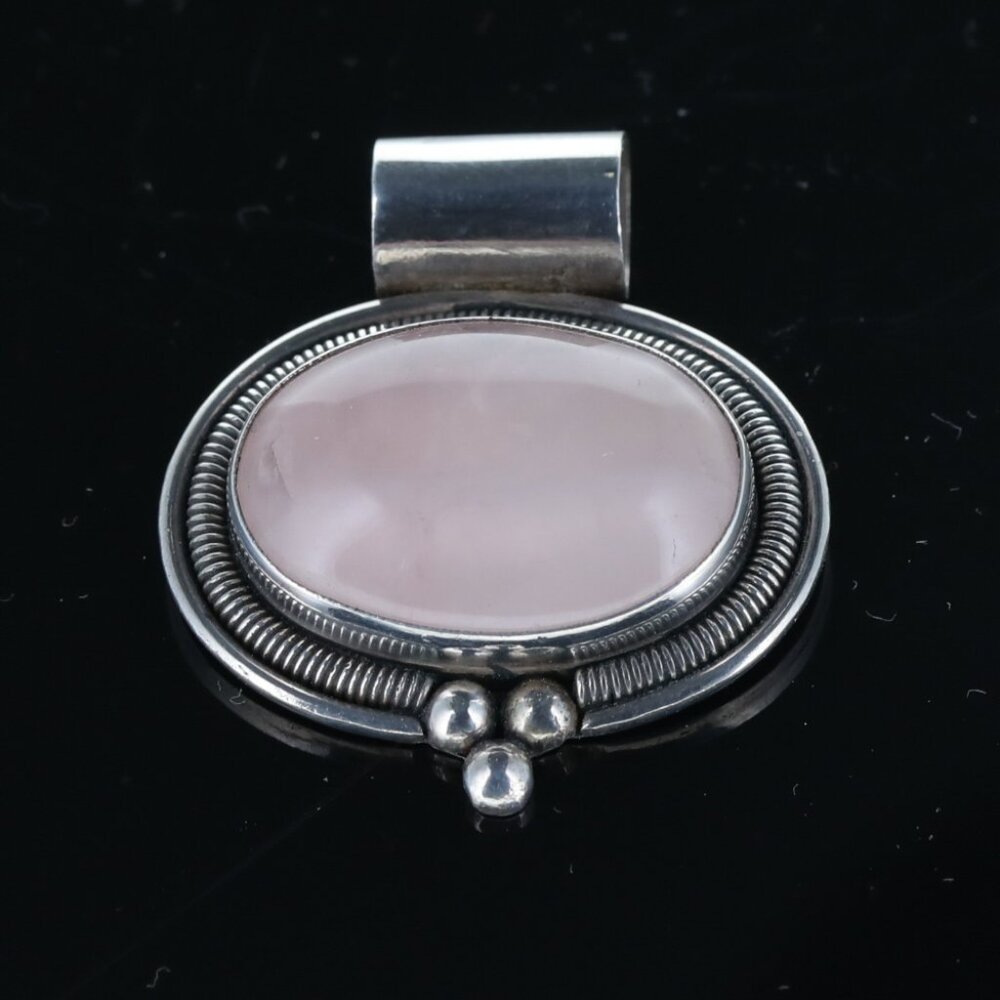Vintage Mexico Rose Quartz Square Cabochon 925 Sterling Silver Pendant 13.4g
